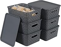 Vista 2 de Paquete de 6 cestas pequeñas de plástico, cesta de almacenamiento tejida con tapa, apilable, color gris