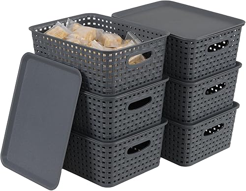 Miniatura 2 de Paquete de 6 cestas pequeñas de plástico, cesta de almacenamiento tejida con tapa, apilable, color gris