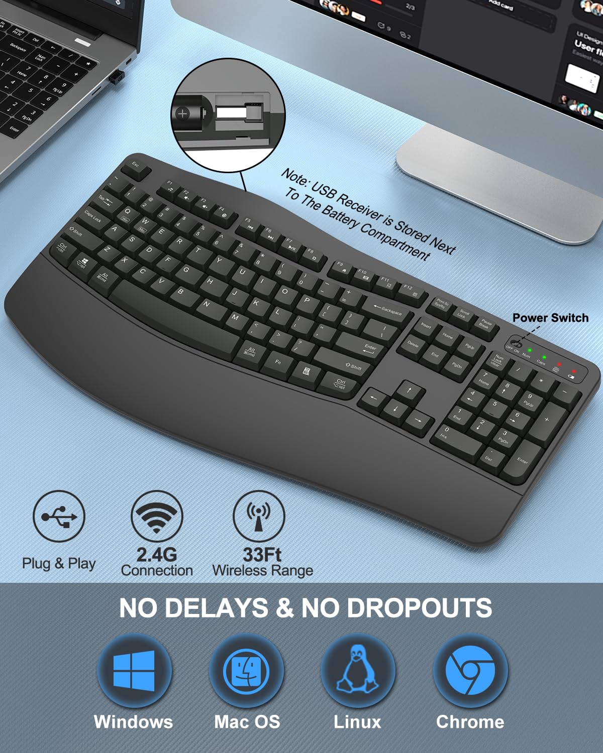 EDJO Tastiera ergonomica senza fili con poggiapolsi, tasti Wave, per mani grandi, 2,4 GHz, tastiera per computer Ergo cordless USB, comoda digitazione naturale, per laptop, Mac, Windows (grigio)