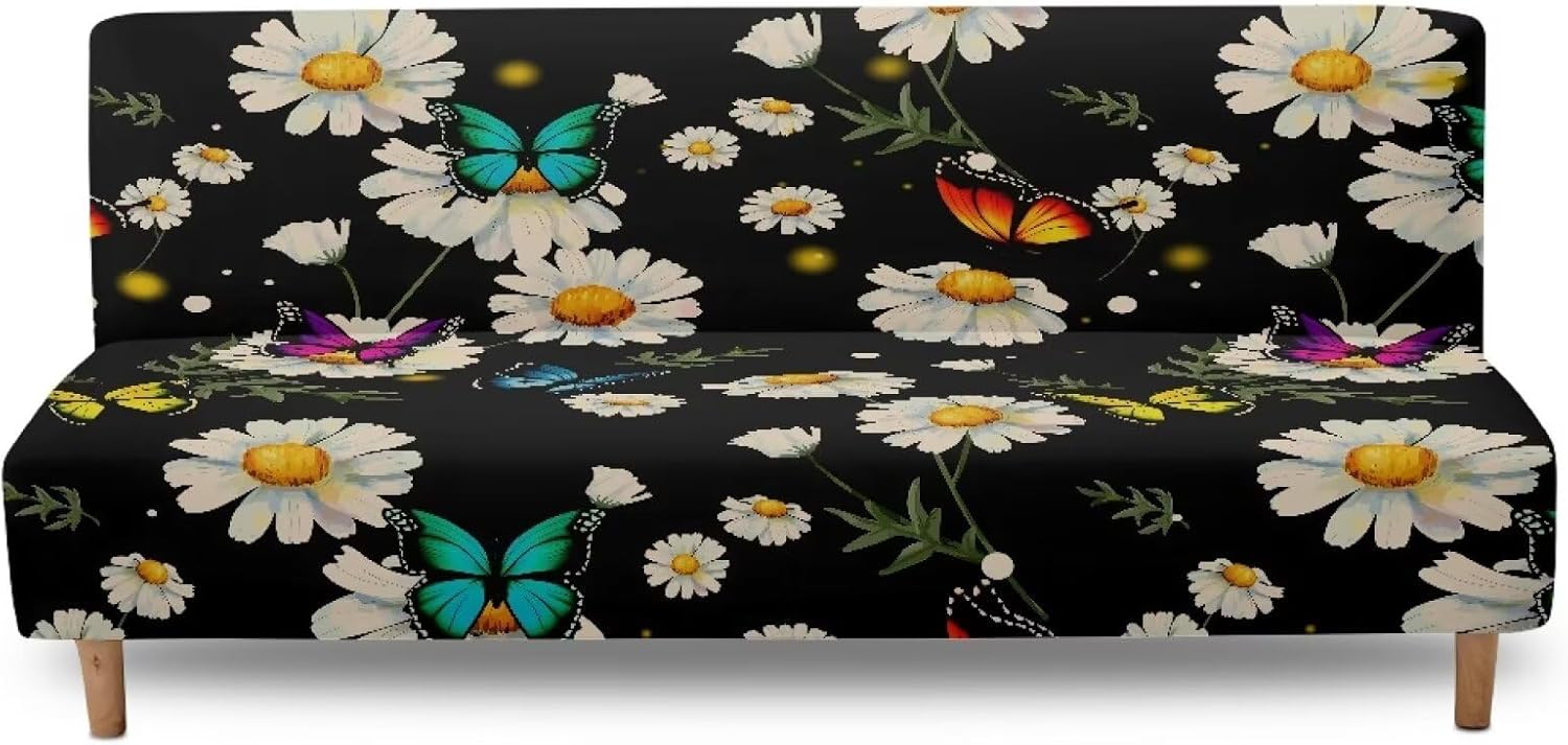 Xoenoiee Futon Slipcover for Armless Couch Stretchy Sofa Bed Cover Soft Elastic Couch Cover Machine Washable Furniture Protector, Butterfly and Daisy Black