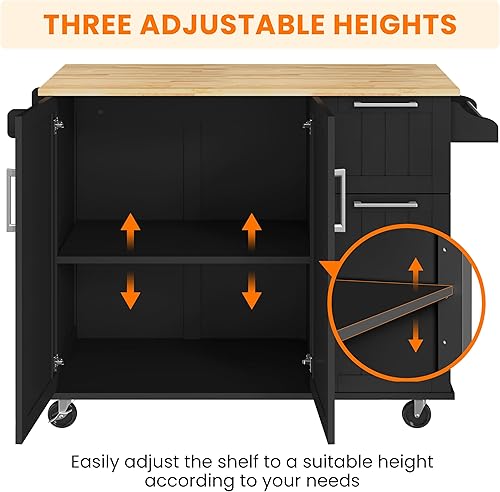 Miniatura 8 de Yaheetech Carrito de isla de cocina con hoja caída, barra de desayuno de cocina con 5 ruedas universales con gabinete de almacenamiento, parte Negro