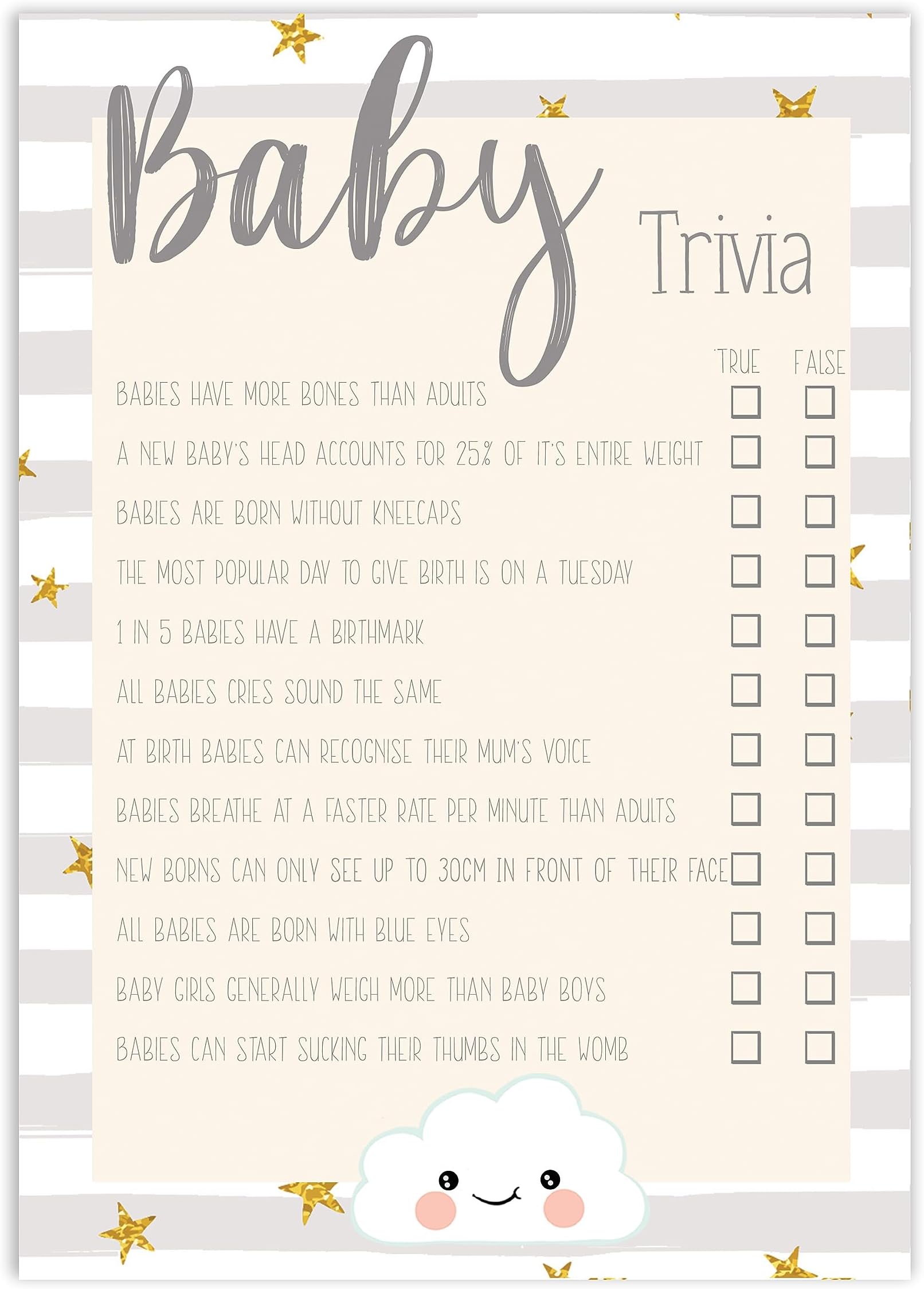 The Little Party Company Baby Shower General Knowledge/Trivia Cards - 10 Pack Cute Cloud Design A5 (BSCT)