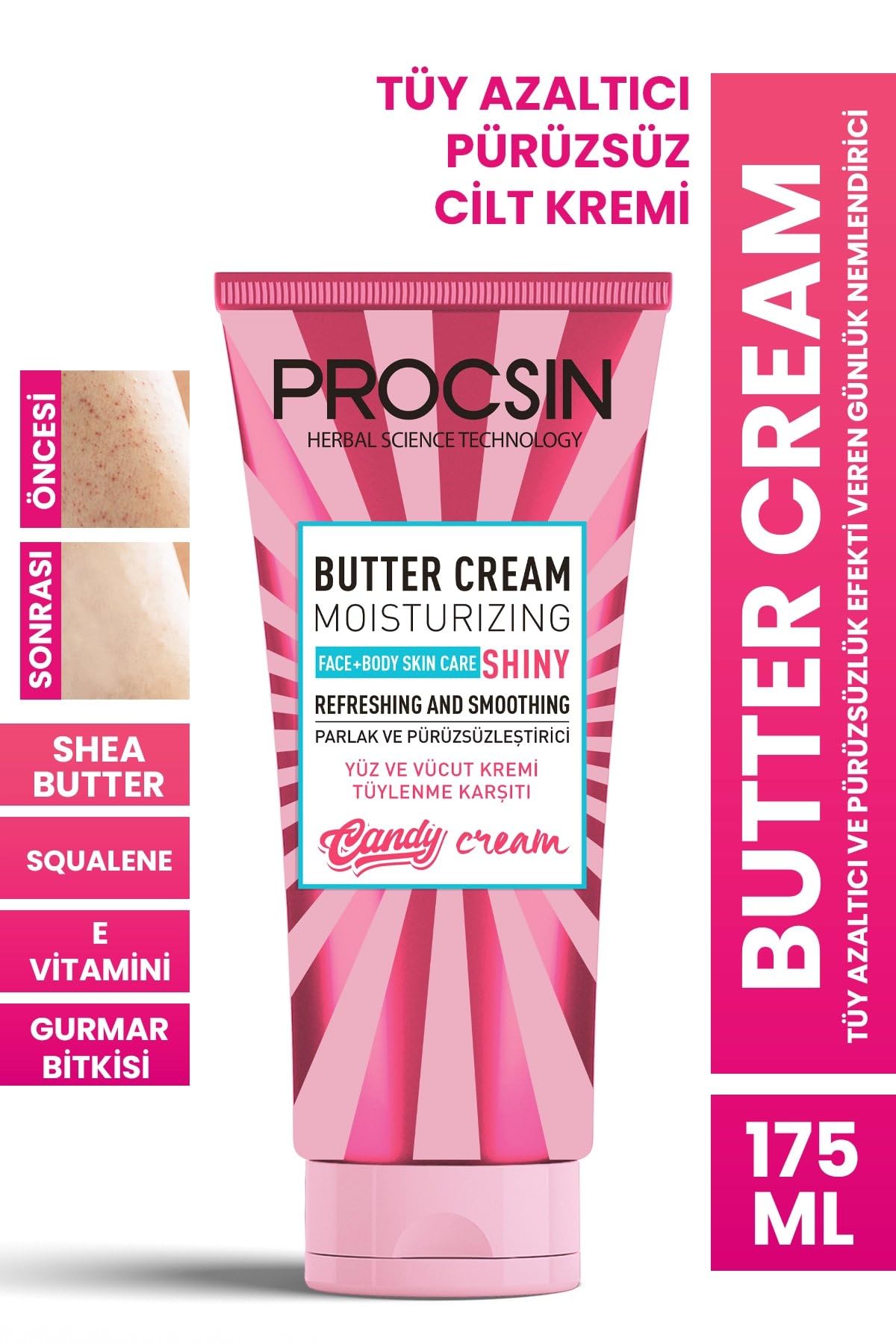 Procsin Butter Cilt Kremi, Tüy Azaltıcı, Pürüzsüzlük Efekti, Günlük Nemlendirici, 175 ML