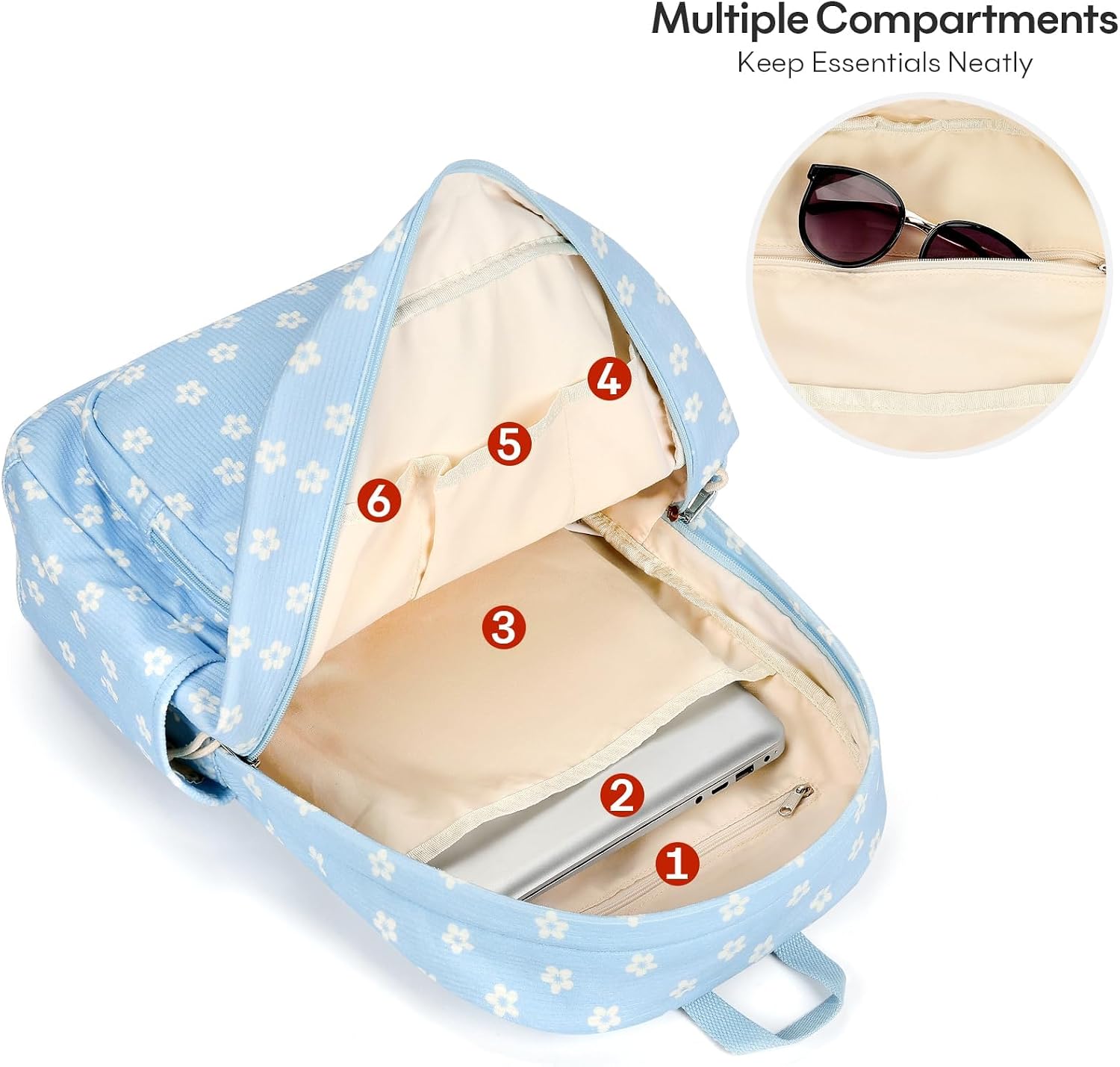 mibasies School Backpack for Girls with Laptop Sleeve: 18IN Large Capacity Corduroy Bookbag for Primary Middle School/College, Travel Daypack for Teens Women - Blue Flower thumbnail
