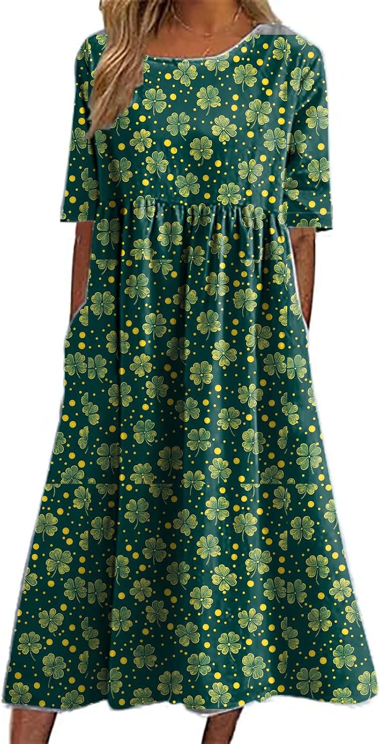 Green Floral Dress for St Patricks Day Shamrock Print Crewneck Short Sleeve Casual High Waist Maxi Dress for Women