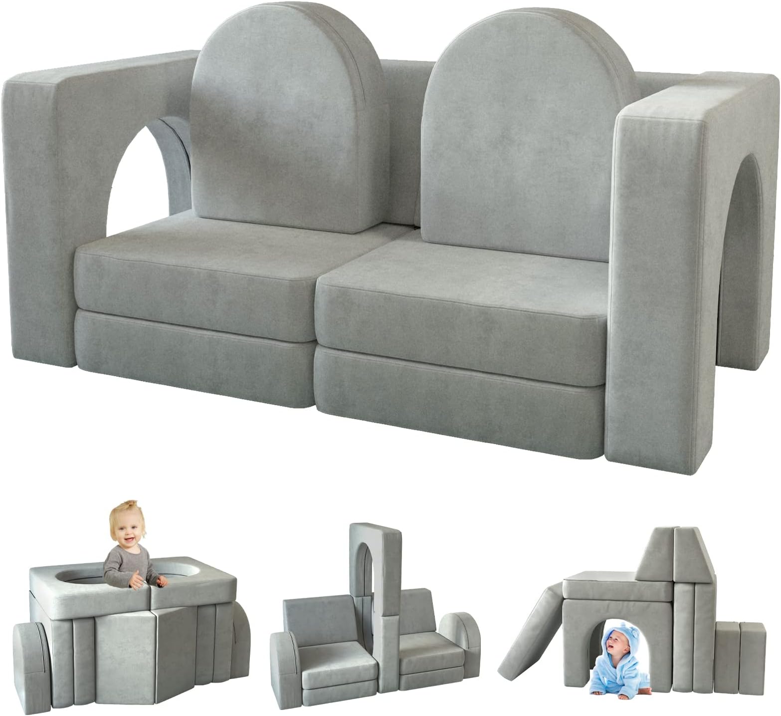 wanan Kids Couch 10PCS, Modular Kids Play Couch for Playroom Bedroom, 10 in 1 Multifunctional Kid Sofa for Playing, Creativing, Sleeping, Indoor Toddler Couches for Boys and Girls(Grey)
