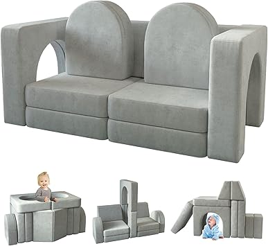 wanan Kids Couch 10PCS, Modular Kids Play Couch for Playroom Bedroom, 10 in 1 Multifunctional Kid Sofa for Playing, Creativing, Sleeping, Indoor Toddler Couches for Boys and Girls(Grey)