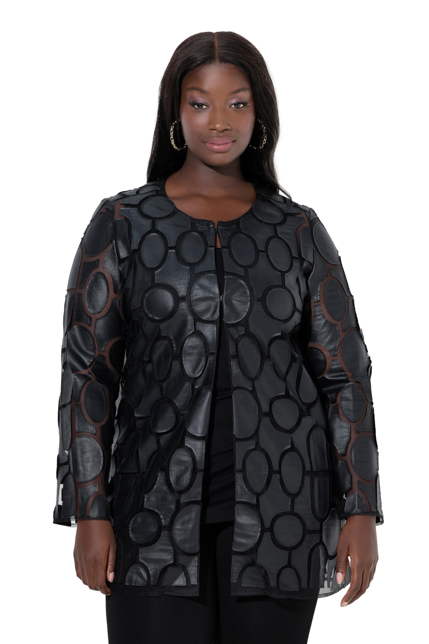 Ulla Popken Damen große Größen Übergrößen Plus Size Jacke, Lederoptik, A-Linie, Rundhals, Hakenverschluss 844272