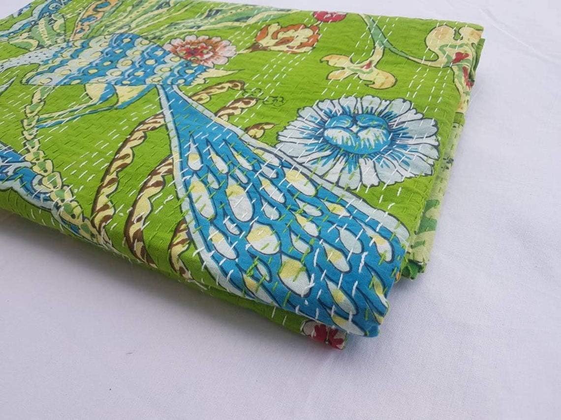 Green Cotton Animal Print Kantha Decor Handmade Quilt Handblock Bohemian Bedspread bedcover Throw Blanket with 2 Pillow Cover California King/Queen/Twin Size (90X108 Inches)