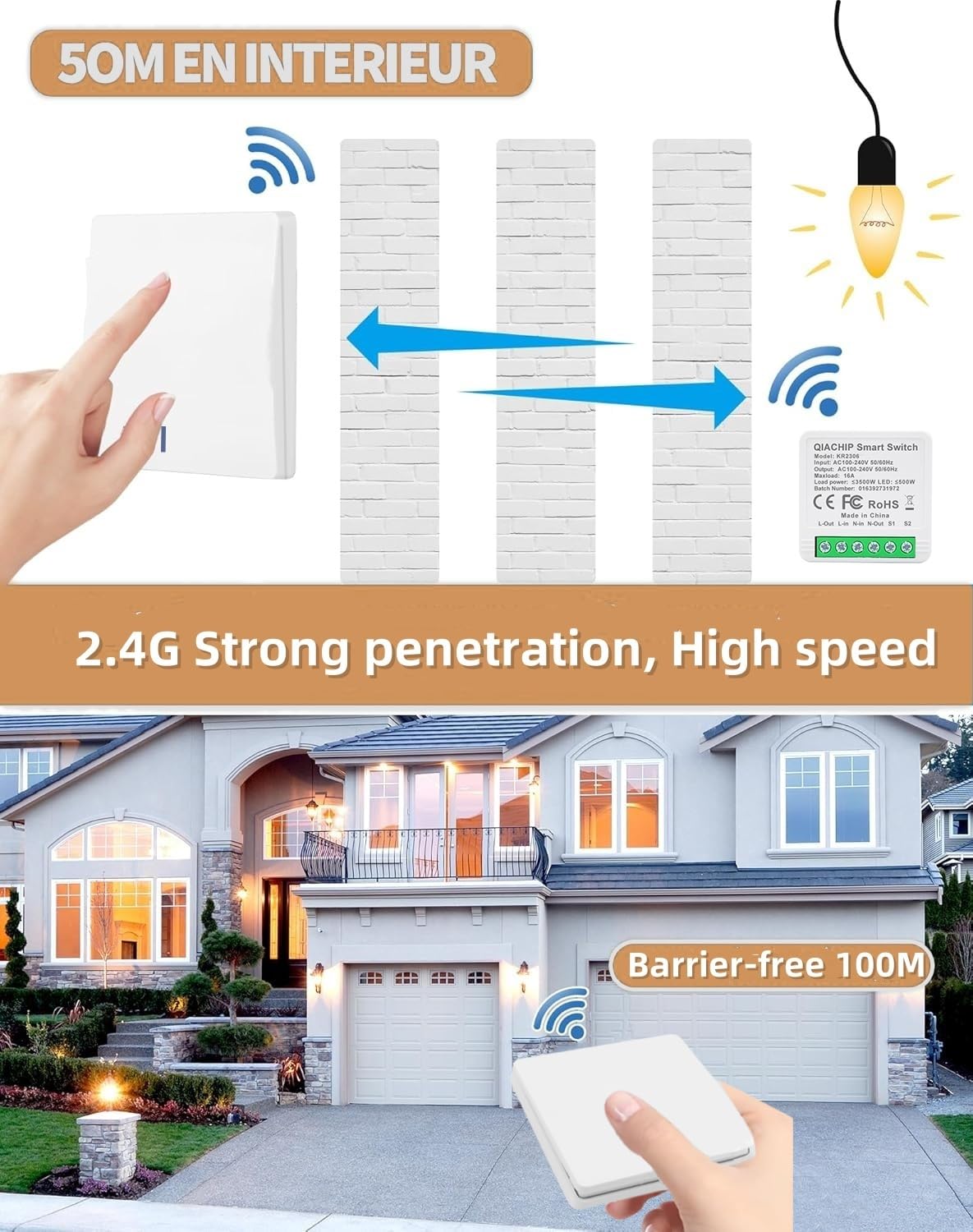 QIACHIP interruttore senza fili della luce,16A 3000W, RF Relè ricevitore con Radiotrasmettitori a parete 2,4 G Pannello, interruttore telecomando 220V per illuminazione domestica,Anti-interferenza