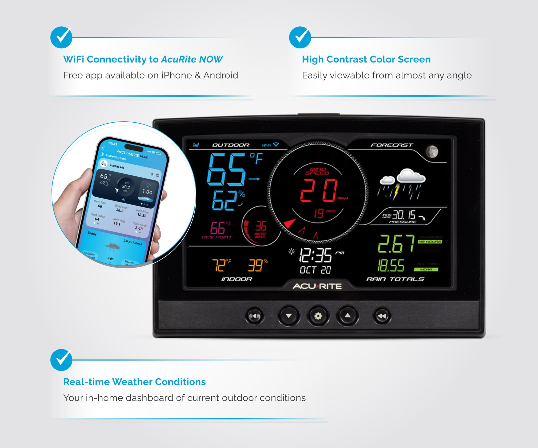AcuRite Iris 01544M - Stazione meteo domestica 5 in 1, con display wireless Direct to Wi-Fi e avvisi per il monitoraggio remoto della temperatura e dell'umidità interno/esterno con velocità/direzione