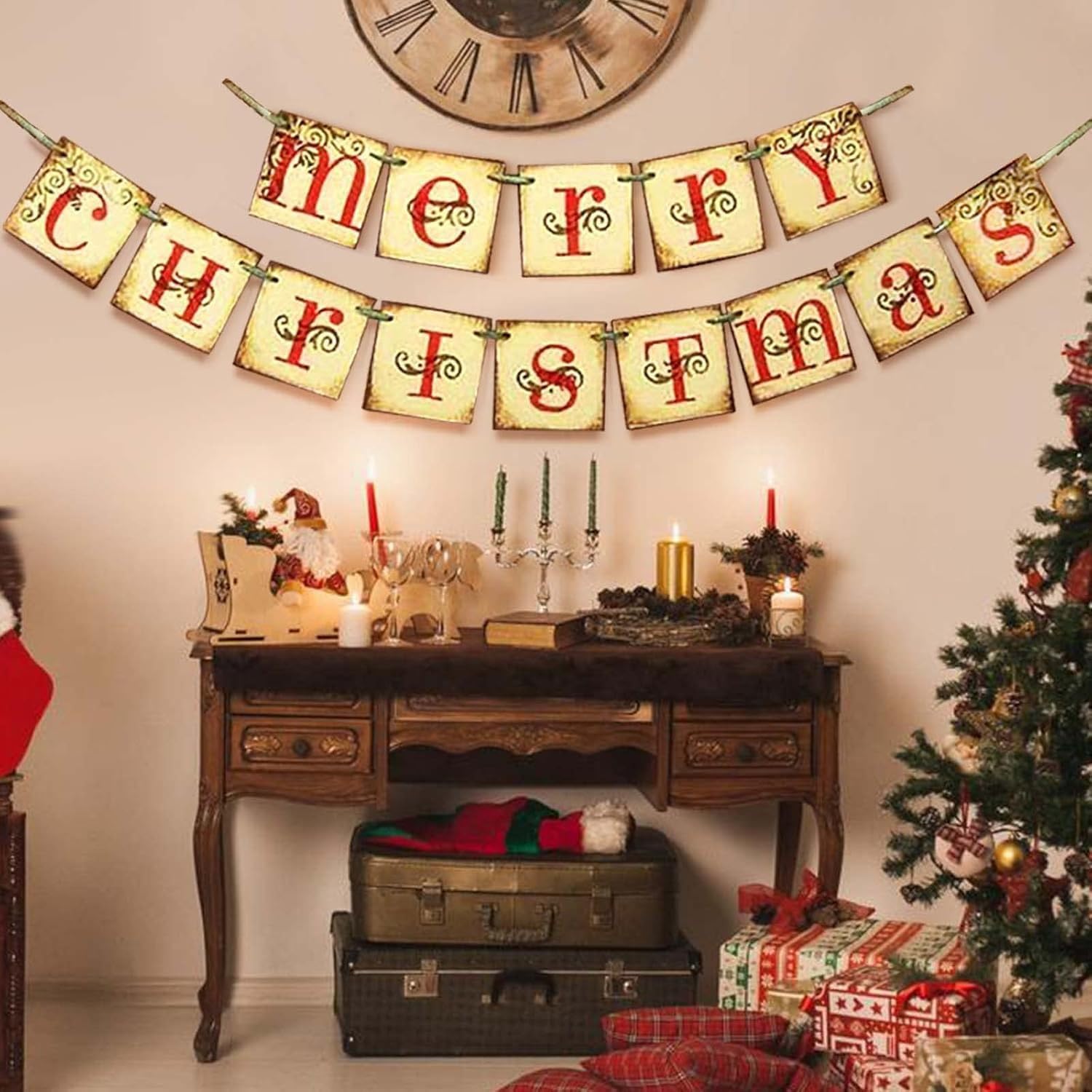 Vintage Merry Christmas Banner, Retro Nostalgic Traditional Victorian Style Holiday Decoration for Indoor Home Office Fireplace Mantle Farmhouse