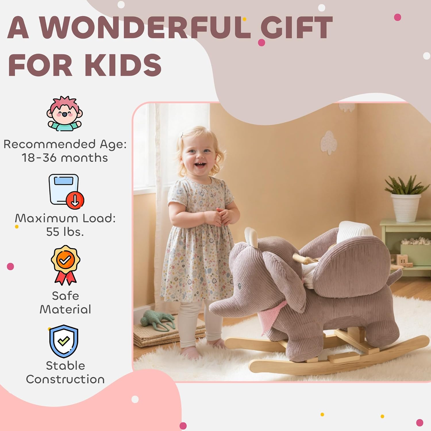 Qaba Elephant Baby Rocking Horse, Plush Stuffed Animal Rocker with Realistic Elephant Sound and Safety Belt, Kids Ride on Rocking Horse for Toddlers 18–36 Months, Pink