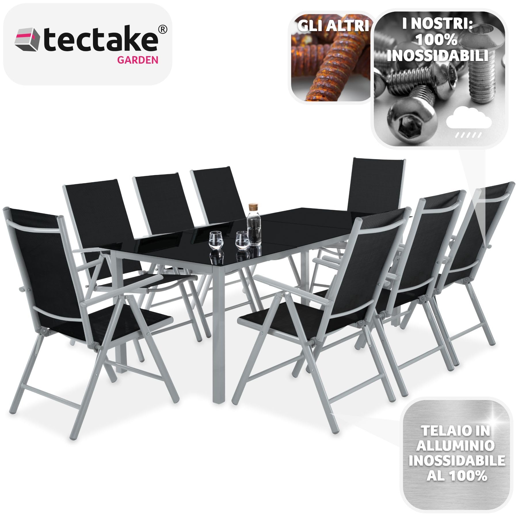Tectake Set mobili da giardino tavolo massiccio con lastra di vetro di sicurezza telaio alluminio 8 sedie confortevoli grigio chiaro