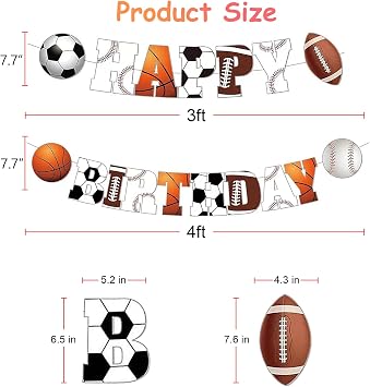 Birthday Decorations, Happy Birthday Banner Sign with Basketball Baseball Rugby Football, Lovely Happy Birthday Party Decorations for Boys Girls Kids