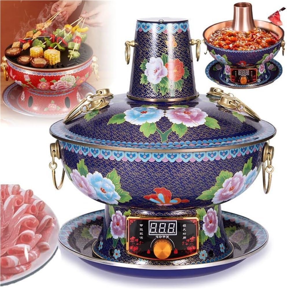 Olla Eléctrica de Cobre para Fondue, Doble Uso Eléctrico/Carbón, 34 cm