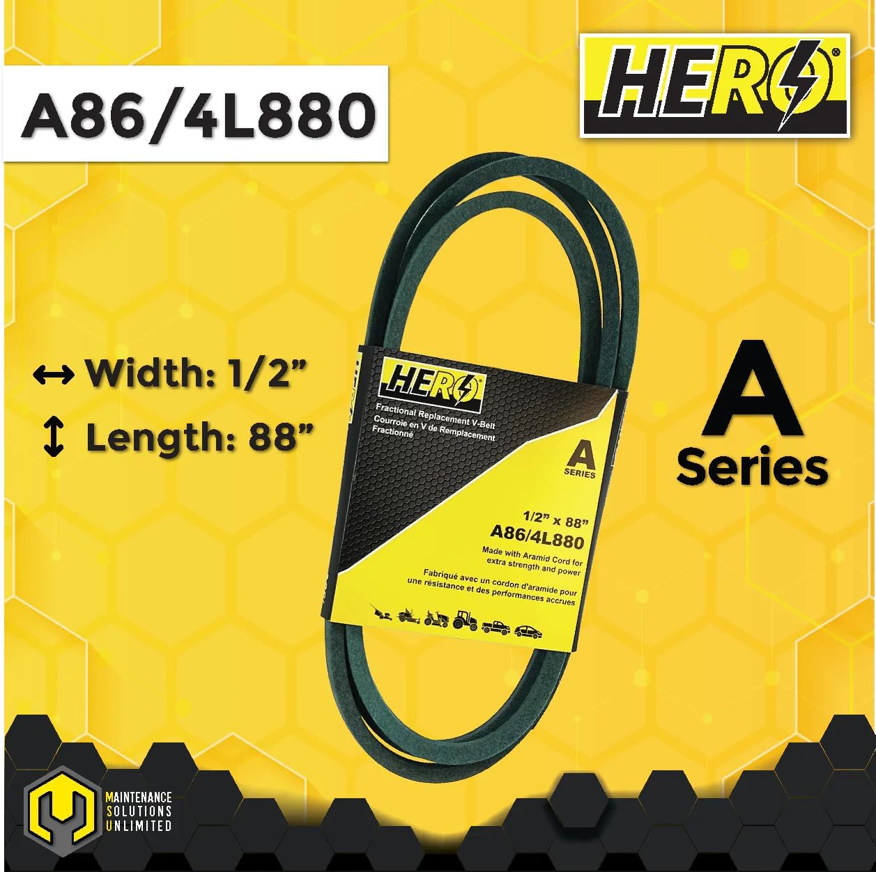 HERO® 1/2 inch x 88 inch Aramid Kevlar Lawn Mower Belt Replacement for Reference A86 4L880