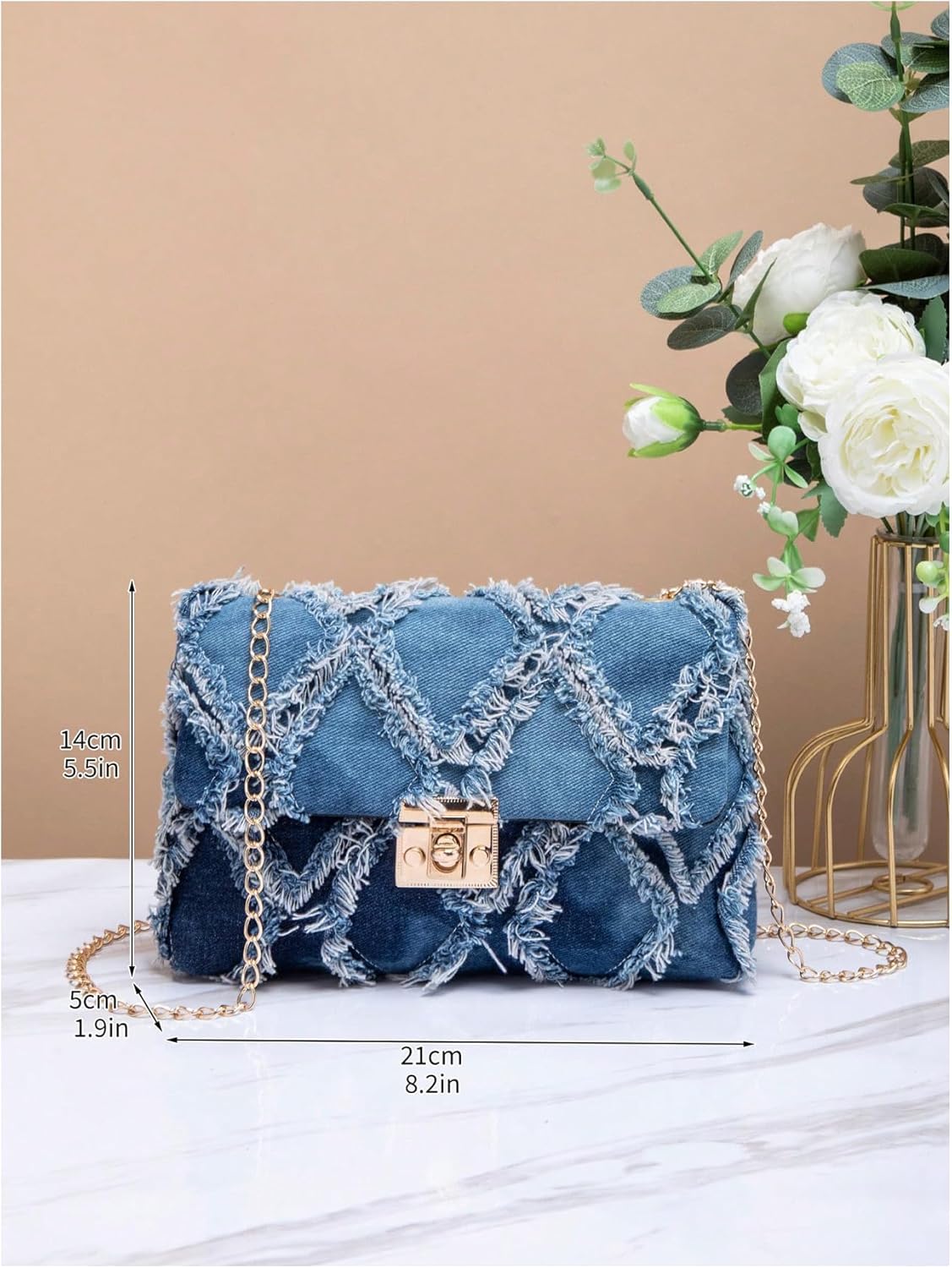 QWINEE Women's Distressed Denim Crossbody Bag Twist Lock Quilted Handbag Mini Jean Purse with Chain Strap - Image 5