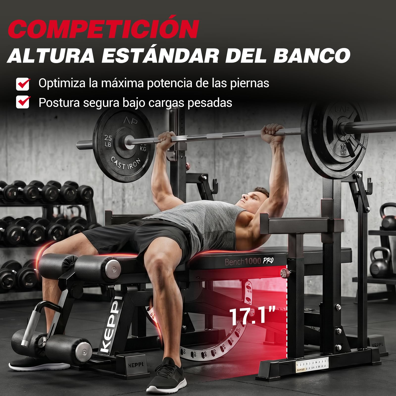 Keppi Banco Musculación, con Capacidad de 600 kg, Banco de Pesas Multifuncional y Banco Abdominales para Entrenamiento en Casa, Incluye Sujetapiés Extraíble y 12+3 Ajustes - Bench1000 Pro
