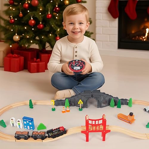 Miniatura 6 de Tren motorizado para pista de madera, tren de control remoto con conexión magnética, trenes locomotoras a pilas para niños pequeños, compatible con