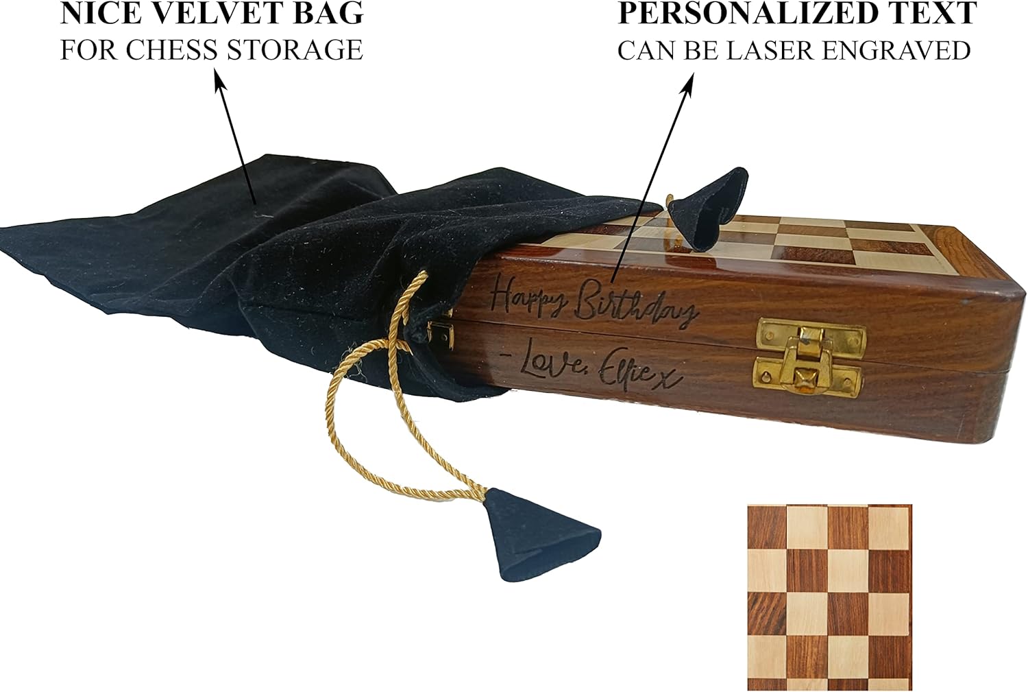 Personalized Wooden Foldable Magnetic Chess Set with 2 Extra Queens, Handcrafted Travel Chess Board Game for Adults with Built in Storage for Chess Pieces, Brown Wood Chess Set