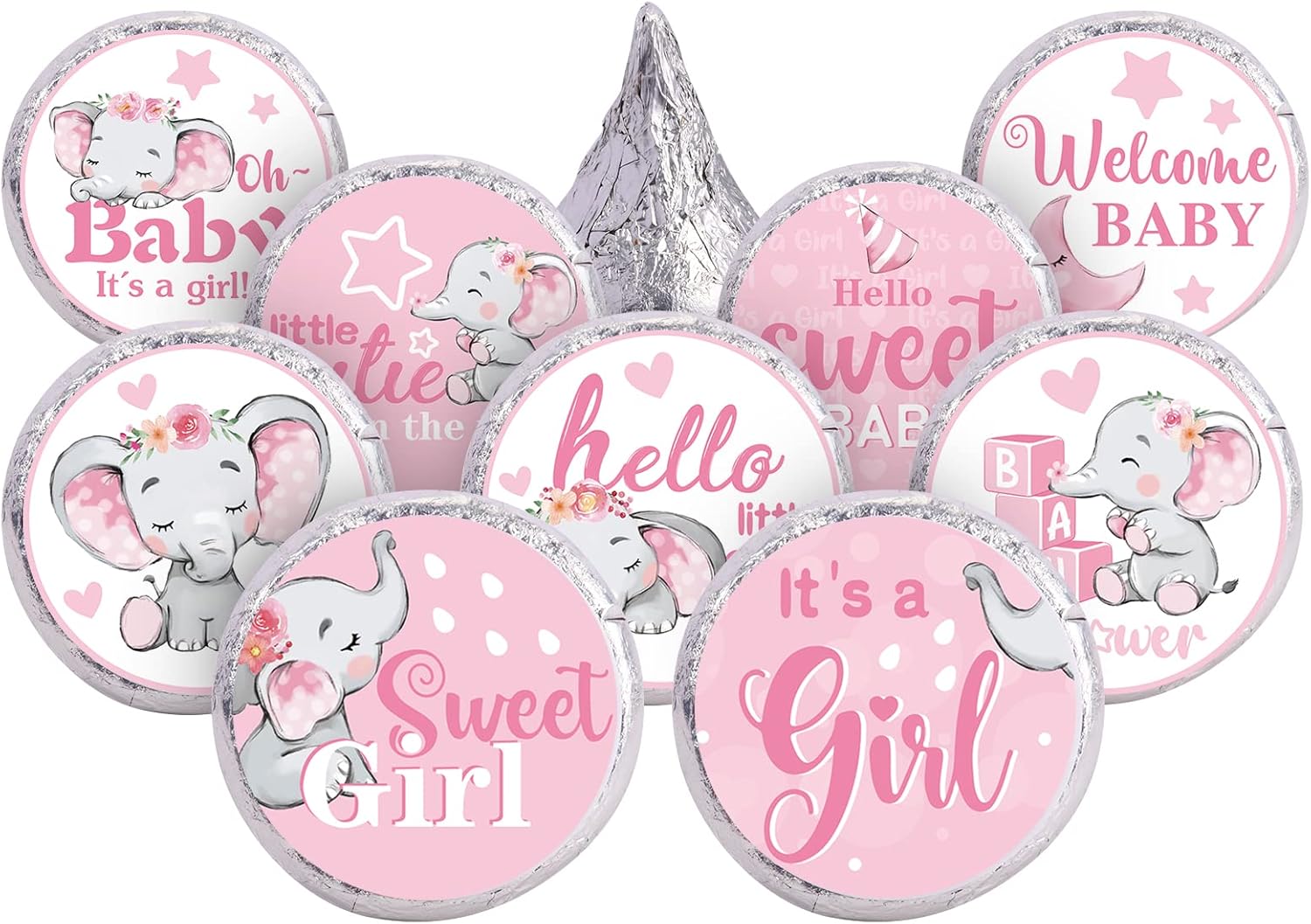 504 Pieces Baby Elephant Stickers Candy Labels Elephant Kisses Sticker Chocolate Mini Decorations for Sweet Girl Boy Baby Shower Birthday Party Supplies(Pink) - Image 2