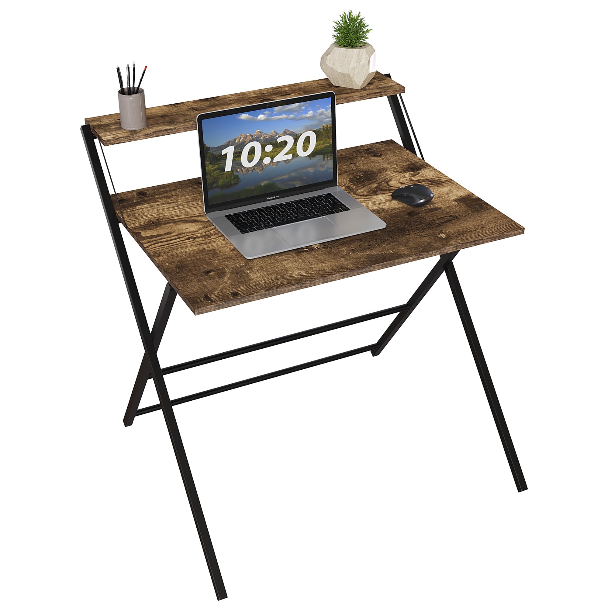 Vida DesignsFolding Desk 82cm No Assembly Computer Desk With Shelf Modern Space Saving Writing, Study, PC Table for Home Office (Dark Wood)