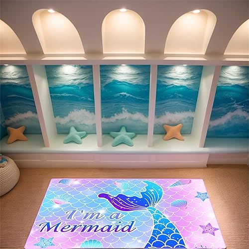 Miniatura 6 de Alfombras de sirena de dibujos animados para niñas, encantadoras, decoración de habitación de niños, alfombras suaves con tema de sirena rosa,