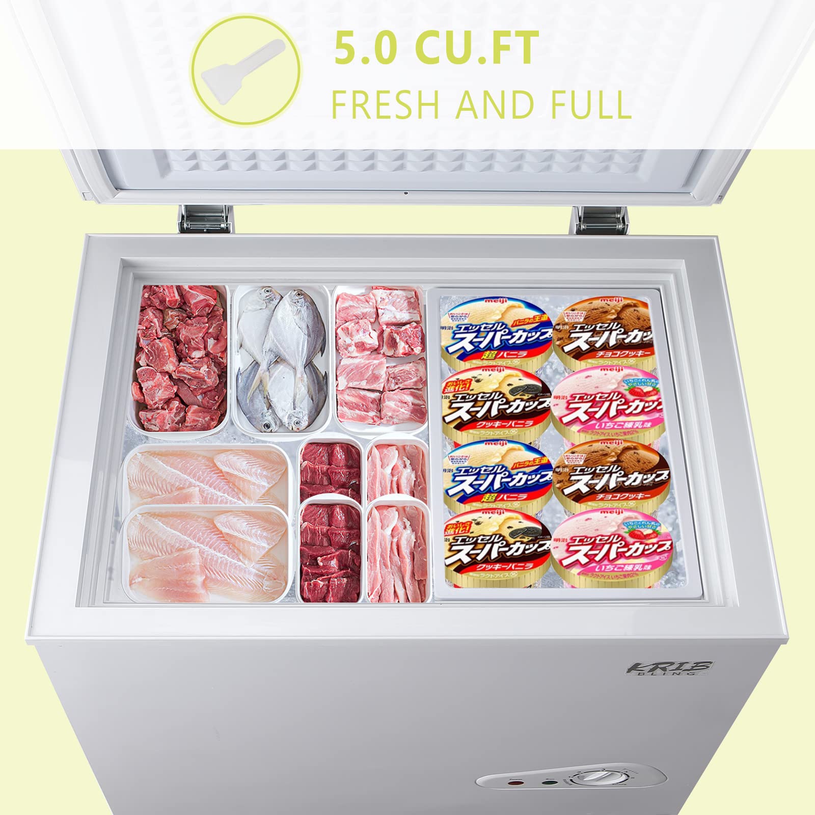 5.0 Cu.Ft Compact Chest Freezer With Removable Basket, Krib Bling Top Door Open Freestanding Deep Freezer With 7 Gears Temperature Adjustment, Ideal For Home, Kitchen & Office, White on Fridge.com - View 3