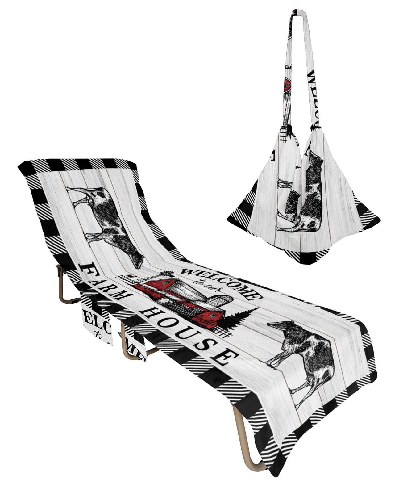Welcome to Our Farm House Beach Lounge Chair Towel Cover, Soft Chaise Lounge Towel with Side Pockets Patio Pool Chairs Cover for Beach/Pool Sunbathing 29x85 Black and White Checkered