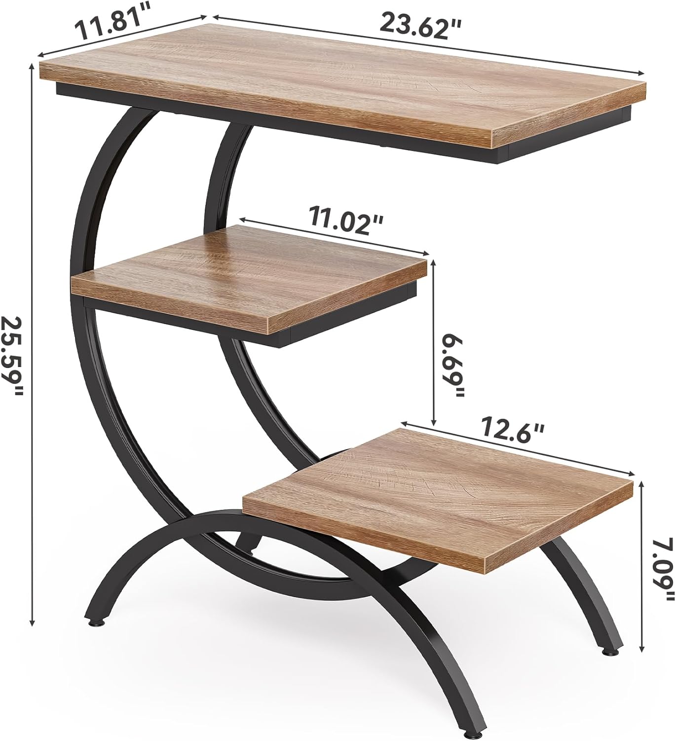 LITTLE TREE End Table, Narrow End Table with 3 Storage Shelves, Industrial C-Shaped Small Sofa Side Table for Living Room, Wood Slim Snack Table with Black Metal Frame, Oak