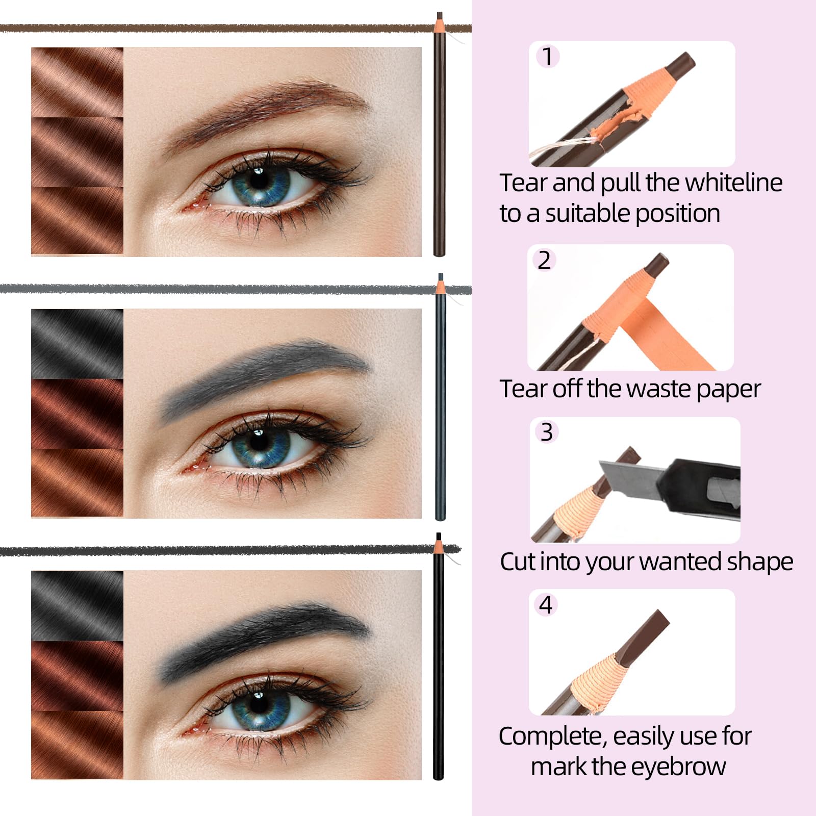 Kit de cartographie des sourcils - 10 m - Noir blanc et rose - 50 autocollants pour règle à sourcils, correcteur de sourcils blanc, 2 pinceaux à sourcils, crayon à sourcils et taille-rasoir