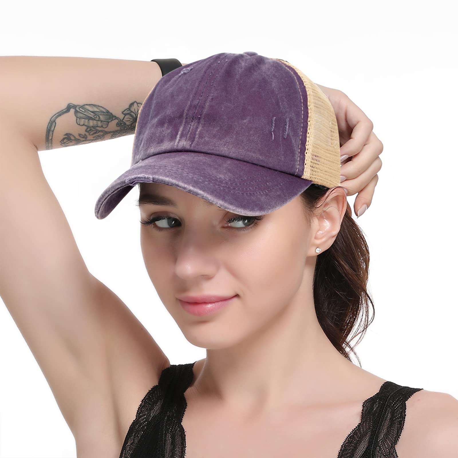 FADACHY Baseball Cap Mesh High Ponytail Hat Criss Cross Adjustable Washed Messy High Bun Pony Caps Unisex