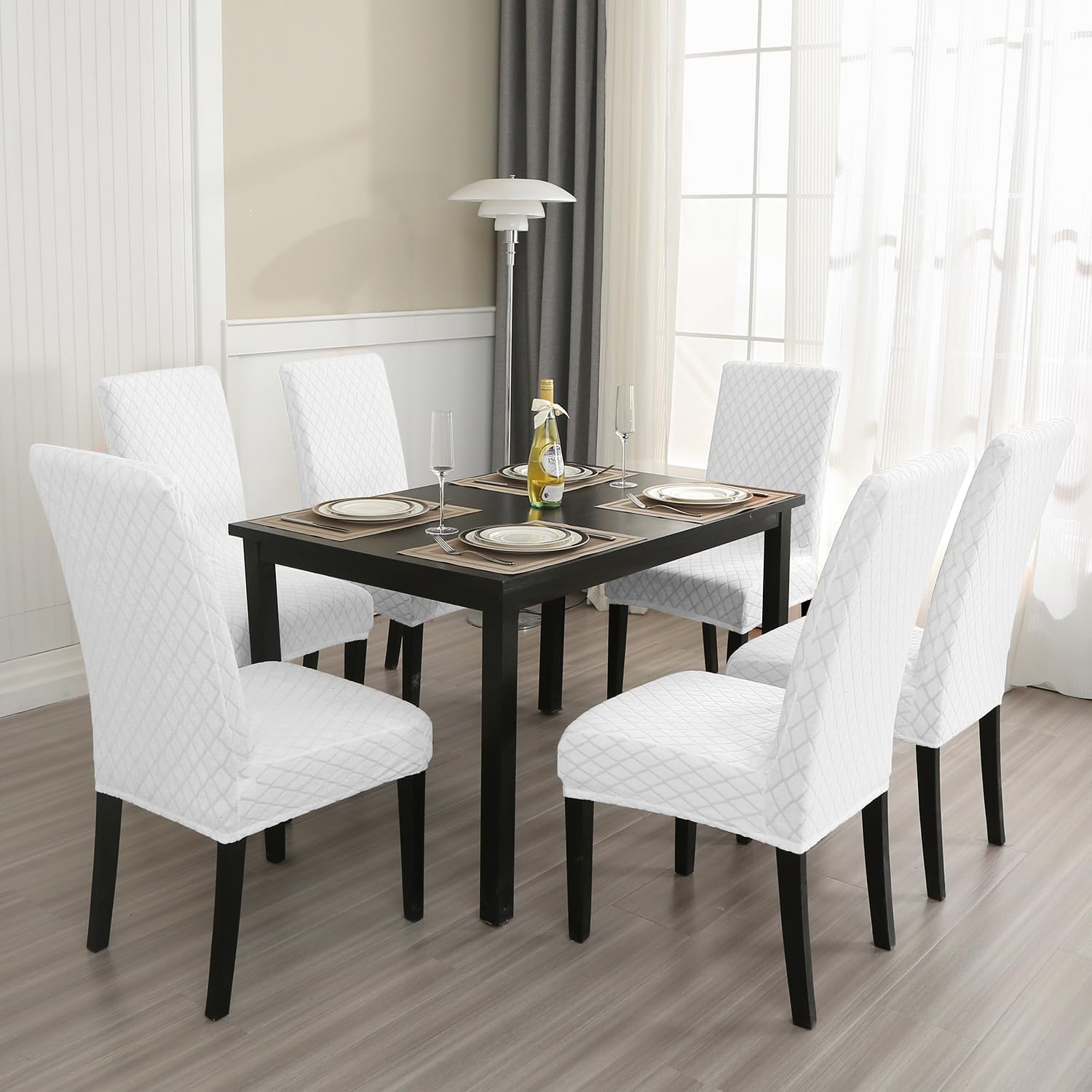 MOSAYT 100% Waterproof Dining Room Chair Covers Set of 6, Super Fit Stretch Jacquard Parson Chairs Slipcovers Removable Washable Chair Seat Protectors for Home, Kitchen, Banquet (White)