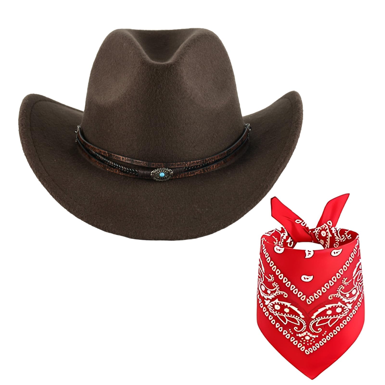 Zweiteiliges Set aus Cowboyhut und Kopftuch für Damen und Herren, Vintage-Cowboy-Accessoires, Outdoor-Hut mit breiter Krempe, ideal für Partys, braun