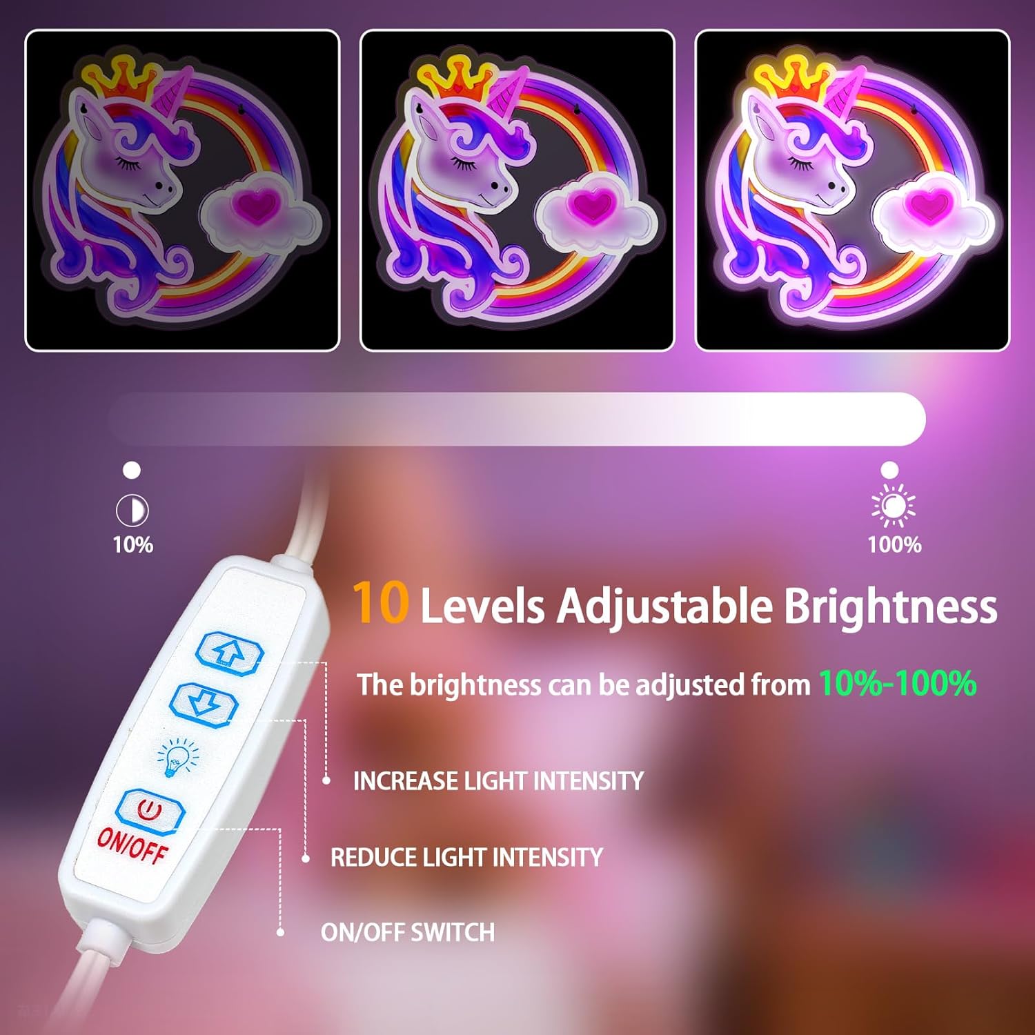 Unicorn Neon Sign for Wall Decor,10 Adjustable Dimmable Colorful Rainbow Unicorn Neon Lights for Girls Room,USB Powered Unicorn Led Signs for Bedroom Kids, Unicorn Lights Gifts for Christmas Birthday - Image 2