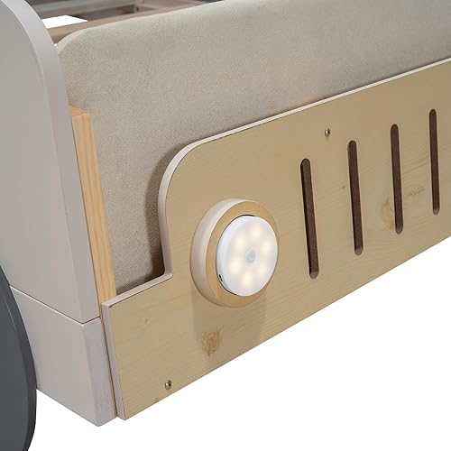Miniatura 97 de P PURLOVE Cama de plataforma en forma de auto de carreras de tamaño individual con ruedas y listones, marco de cama de madera para niños, niñas,