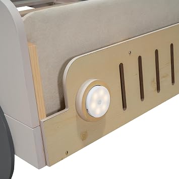Twin Size Car Pillow,Ceiling Cloth and LED Light, Wood Platform Beds w/Canopy Frame, No Box Spring Needed,for Kid Adult Boy Girl,Natural