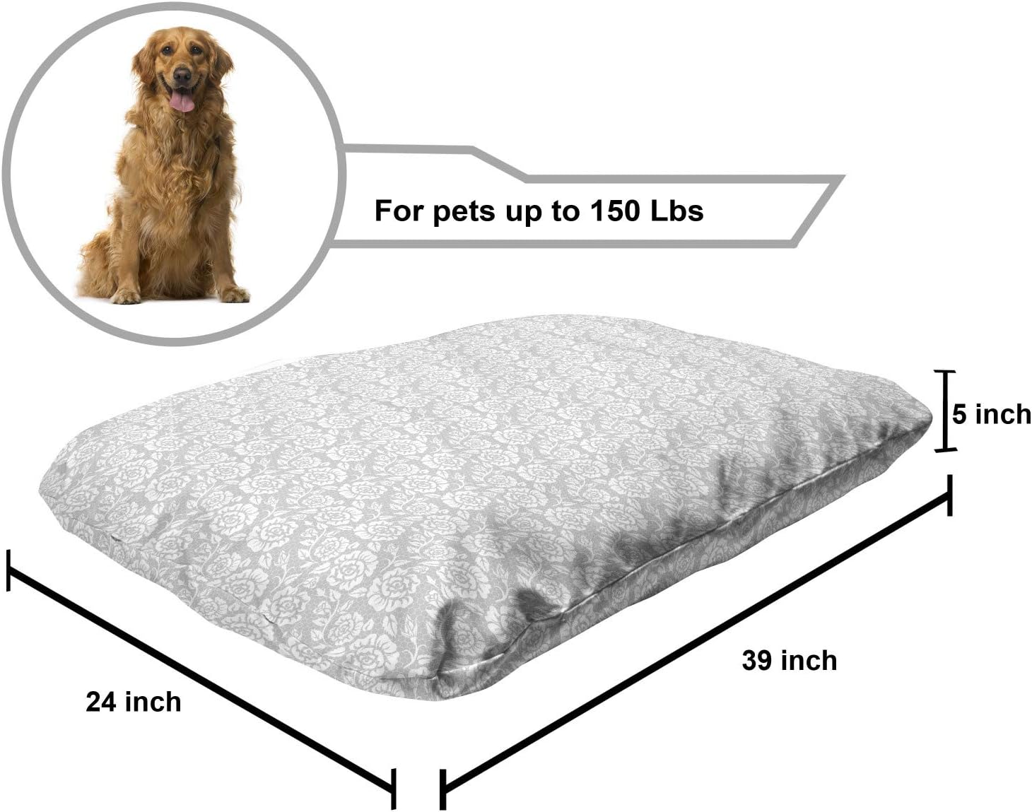 review Lunarable Grey Pet Bed, Lace Style Vintage White Roses Graphic Old Fashioned Feminine Pattern, Chew Resistant Pad for Dogs and Cats Cushion with Removable Cover, 24