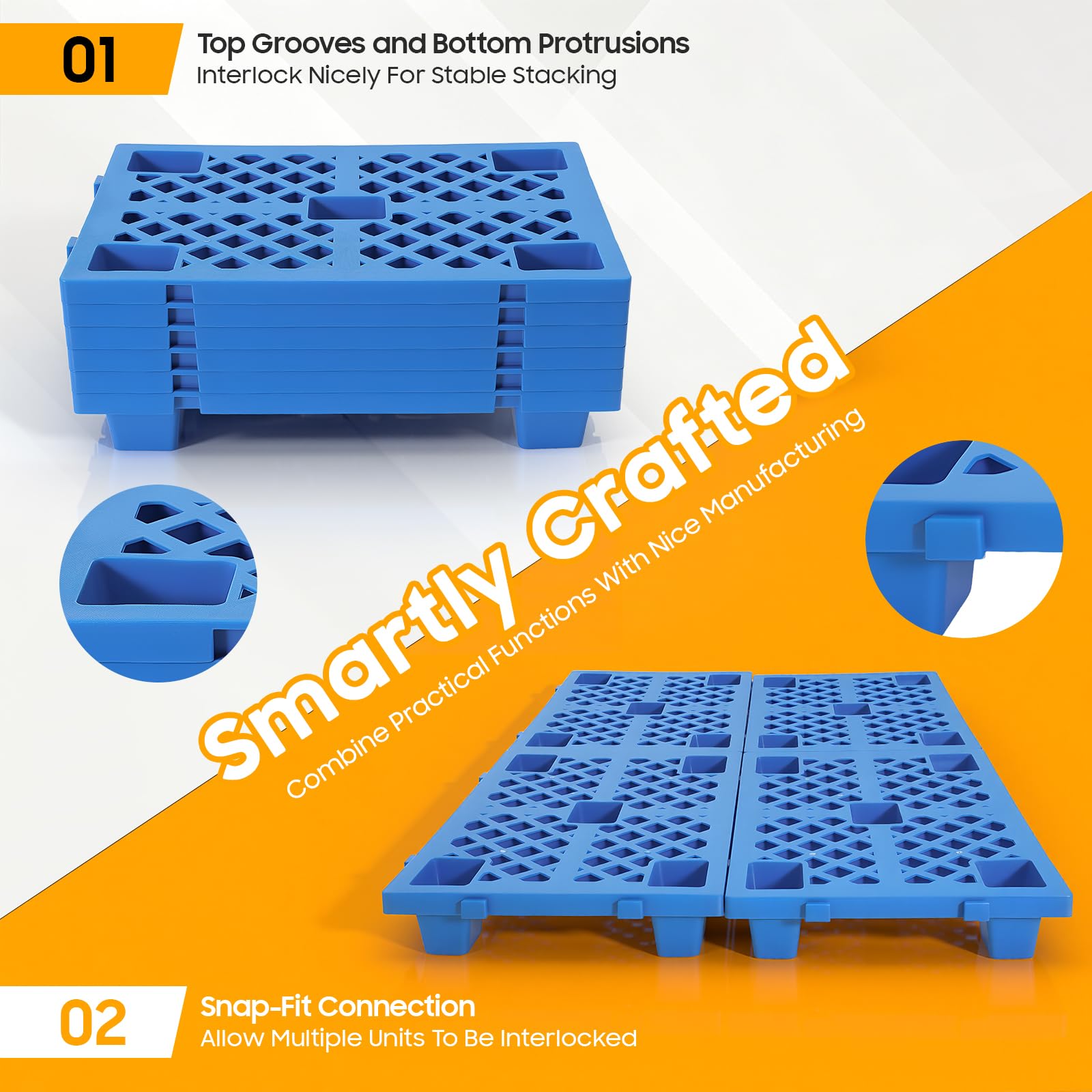 Lot de 6 palettes en plastique empilables 60 x 40 x 10 cm - Palettes légères avec fond cannelé et raccord à clipser pour entrepôt, logistique, extérieur, cuisine, buanderie, jusqu'à 100 kg (bleu)