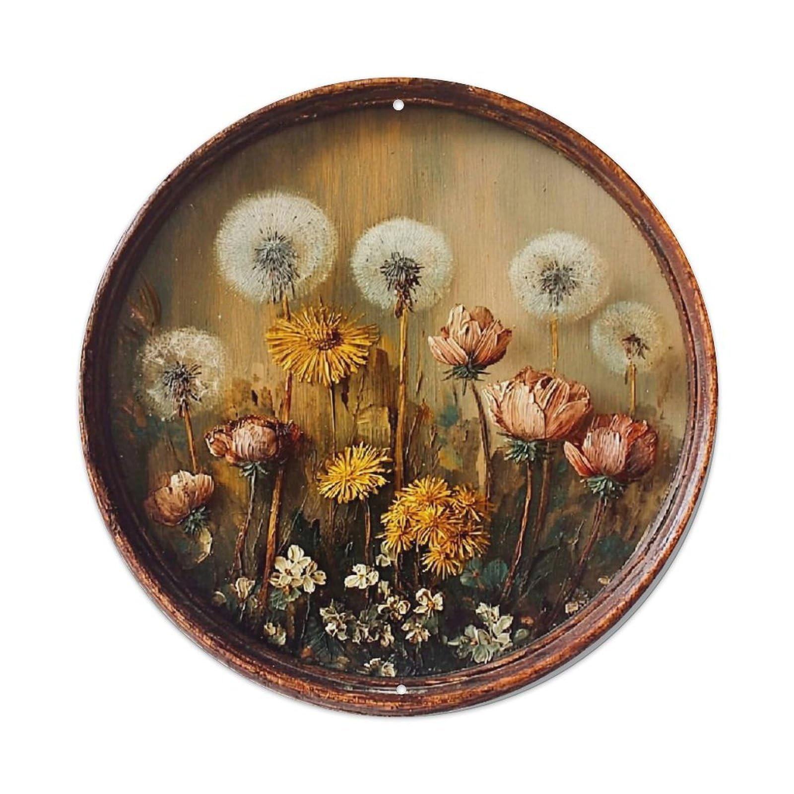 Jdyaojiesheng Vintage Dandelion Poppy Daisy Wildflower Meadow Round Tin Sign Retro Metal Wall Decor Metal Poster, Home Bar Garage Farmhouse Cafe Wall Art Decoration 8X8inch