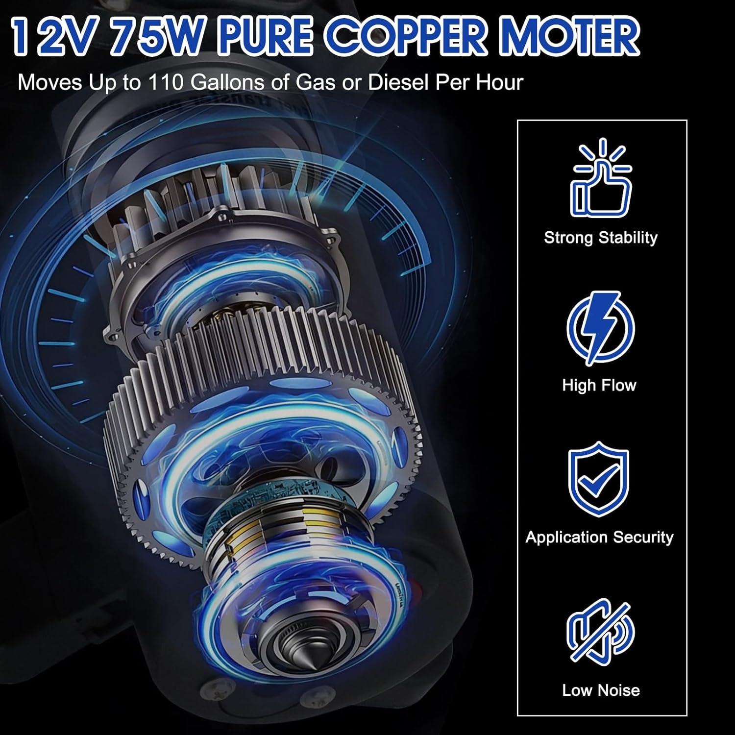 12V 75W Electric Fuel Transfer Pump Set, Gasoline Transfer Pump Kit Moves Up to 110 Gallons of Gas or Diesel Per Hour, Electric Gas Pump for Vehicles, Boats, UTV, Tractors