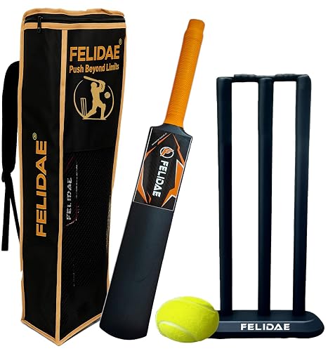 FELIDAE Size-3 Kids Plastic Cricket Bat Kit for 6–12 Years | Lightweight Cricket Set with Bat, Soft Tennis Ball & Full Wicket Set for Boys & Girls | Safe Outdoor Sports Toy for Garden Park & Home Play