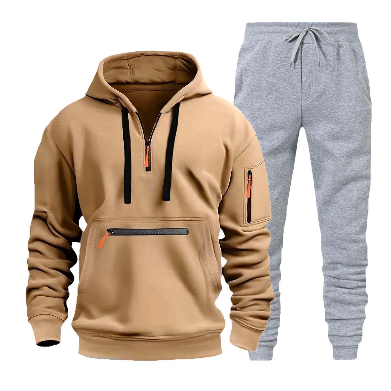 Męski zestaw dresowy, bluza z kapturem i joggery, 2-częściowy polar z zamkiem do połowy, dla mężczyzn, miękka bawełniana bluza z kapturem i spodnie, swobodny strój sportowy na siłownię, do biegania