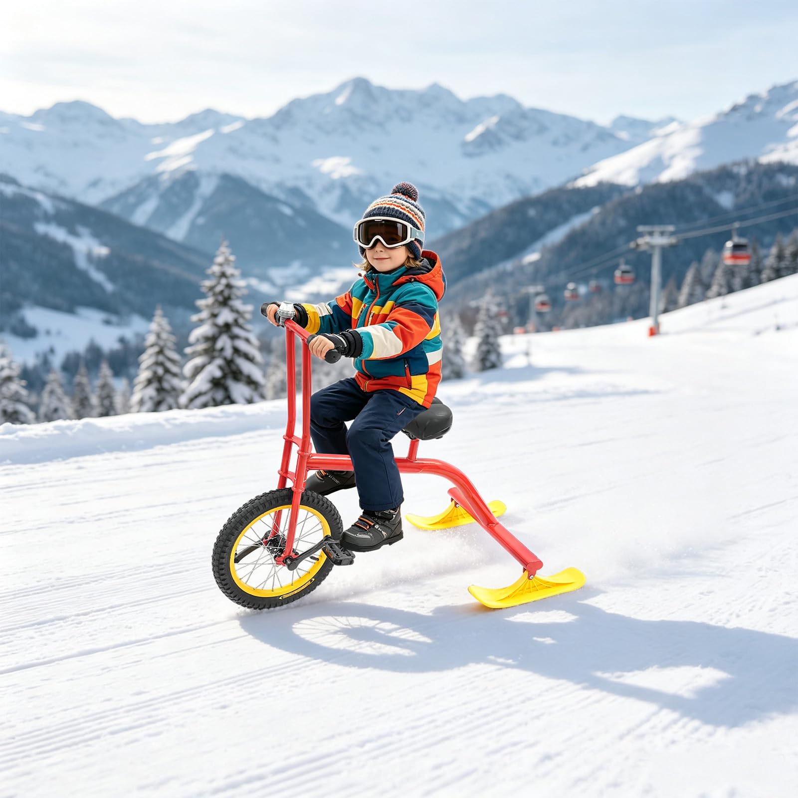 Monopattino da neve, portata 100 kg, leggero, con sella, snowboard, 108 x 58 x 86 cm | Azionamento a una ruota, slittino con allarme, campanello da sci, bicicletta per gite in famiglia, attività in campus