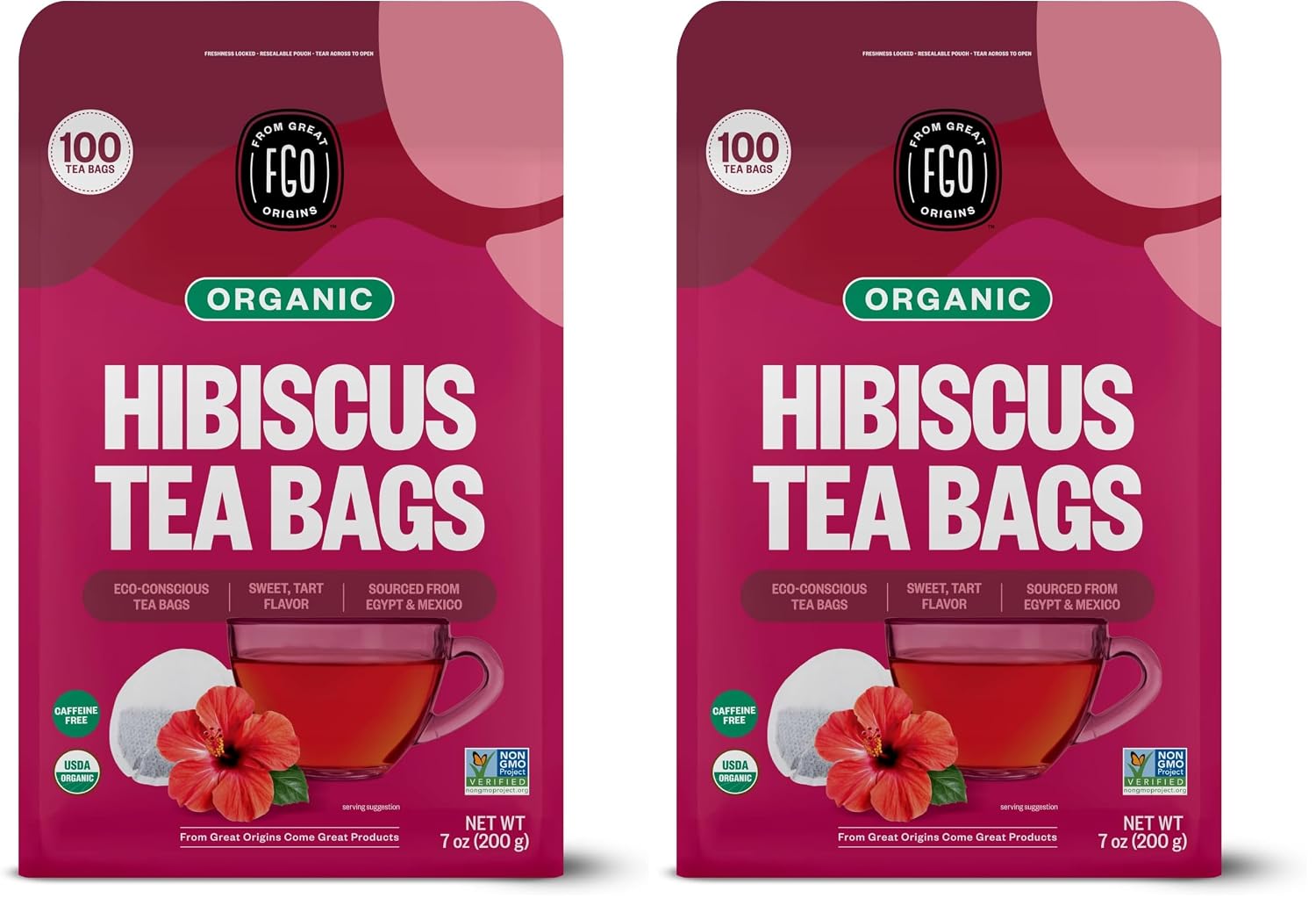FGO Organic Hibiscus Tea, 100 Count, Eco-Conscious Tea Bags, Caffeine Free, Packaging May Vary (Pack of 2)