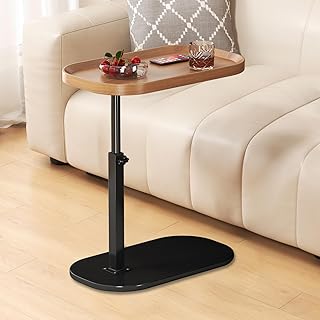 C Shaped Side Table Adjustable Height, 360° Swivel Couch End Table That Slide Under, Small C Shaped End Table for Sofa/Bed/Bathtub, Coffee TV Dinner Tray for Living Room, Bedroom, Bedside (Wood)