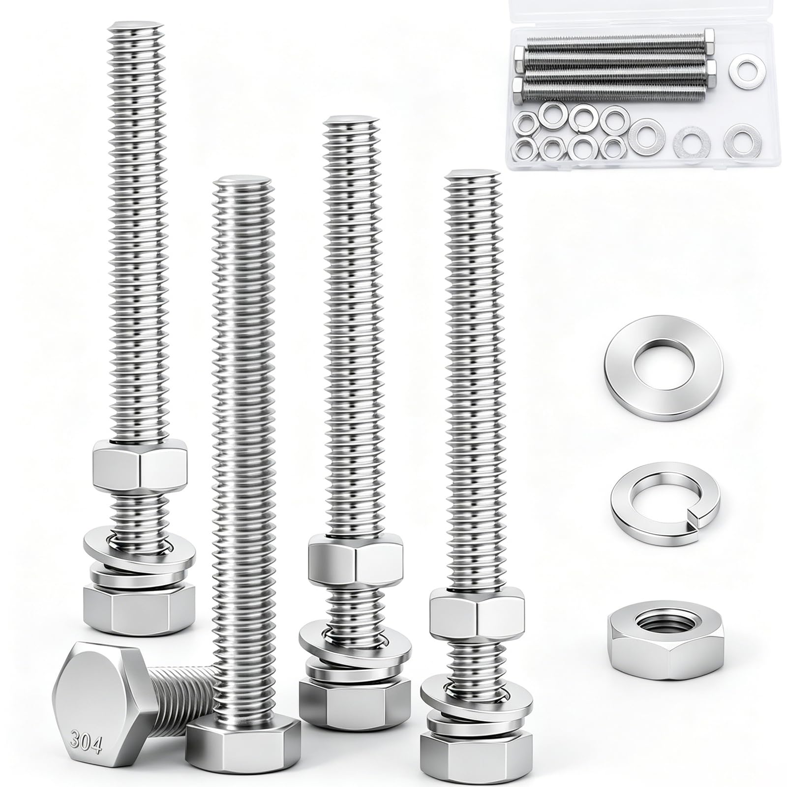 Ruibapa 4 Sets 3/8-16 x 4 Stainless Steel Hex Head Screws Bolts, Nuts, Flat & Lock Washers,18-8(304) Full Thread