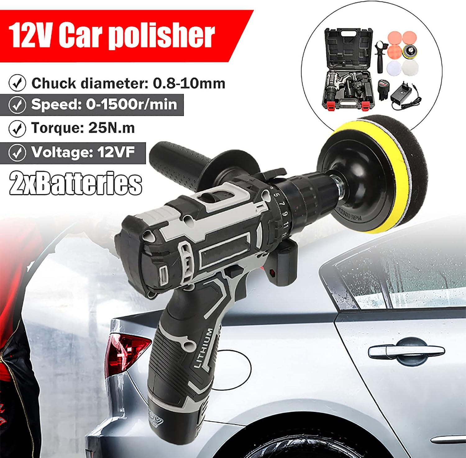 Polishing Machine 18V 25N.m 1500 RPM Electric Vehicle Drill Polisher Cordless Rechargeable Portable Waxing Scratch Repair Tool
