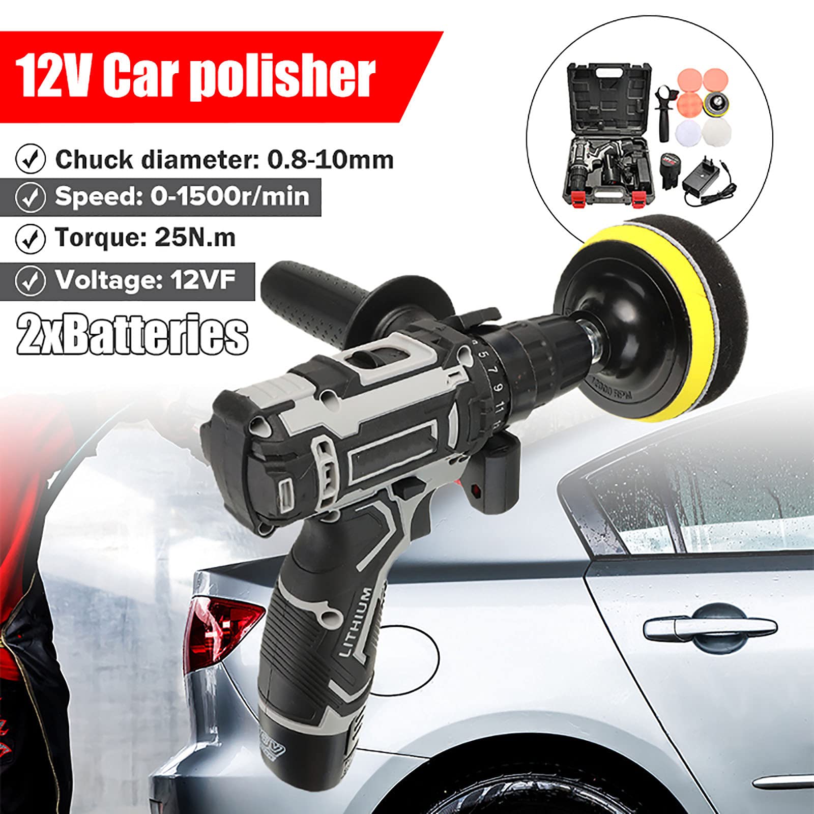 Máquina Pulidora 18V 25N.m 1500 RPM Taladro Pulidor de Vehículo Eléctrico Inalámbrico Recargable Herramienta de Reparación de Arañazos de Encerado Portátil